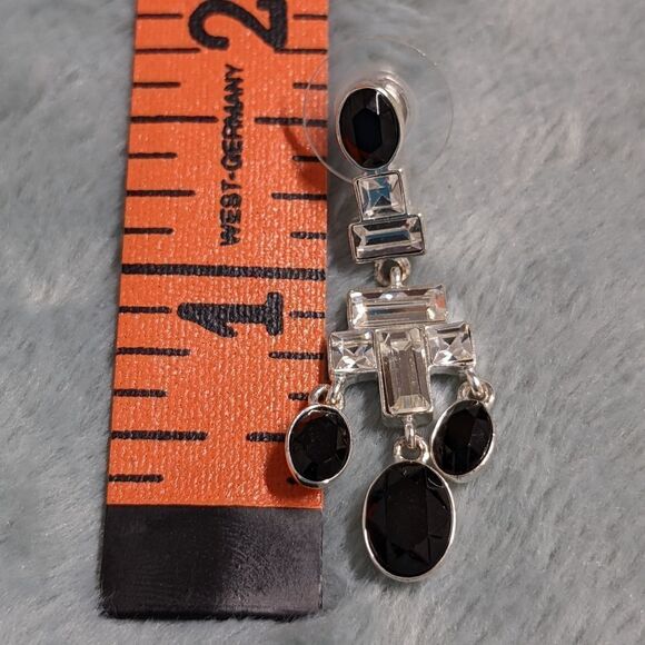 Vintage Black & Clear Rhinestone Pierced Dangle Earrings - Picture 9 of 10